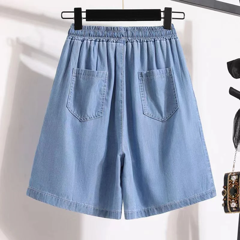Women Black Short Jeans Pant 2024 Summer Drawstring Bandage Elastic Waist Loose Straight Blue Casual Streetwear Denim Shorts New