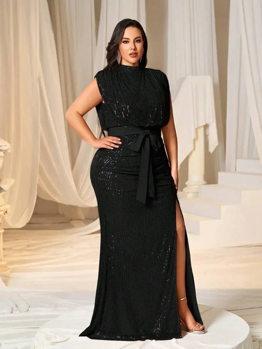

Plus Size Sequin High Neck Belted Evening Gown Formal Dress For Graduation Party
