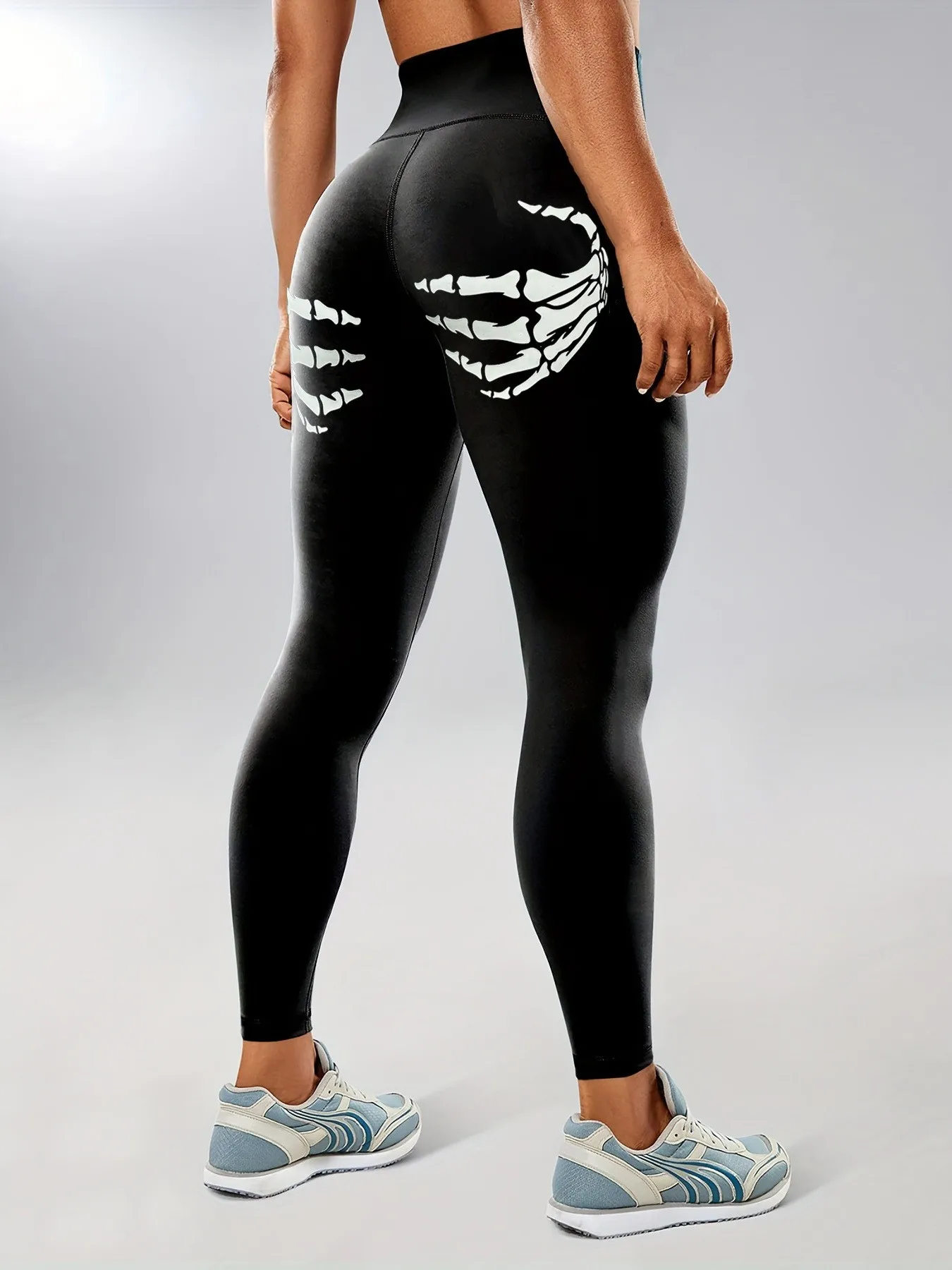 Halloween-Skeletthand Fluoreszierend Bedruckte Hochtaillierte Yoga-Hose Hochelastische Fitness-Strumpfhose – Detail 3