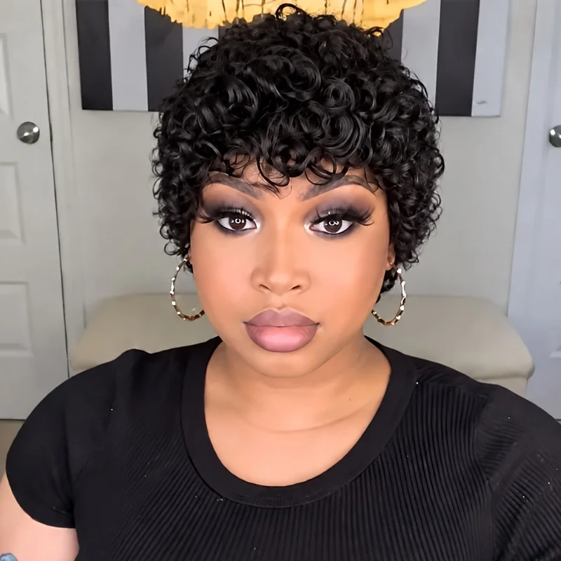 Pixie Cut Wig Full Machine Made Human Hair Wig Short Loose Curly with Bangs Women's Fluffy Shape Suitable for Everyday Wear