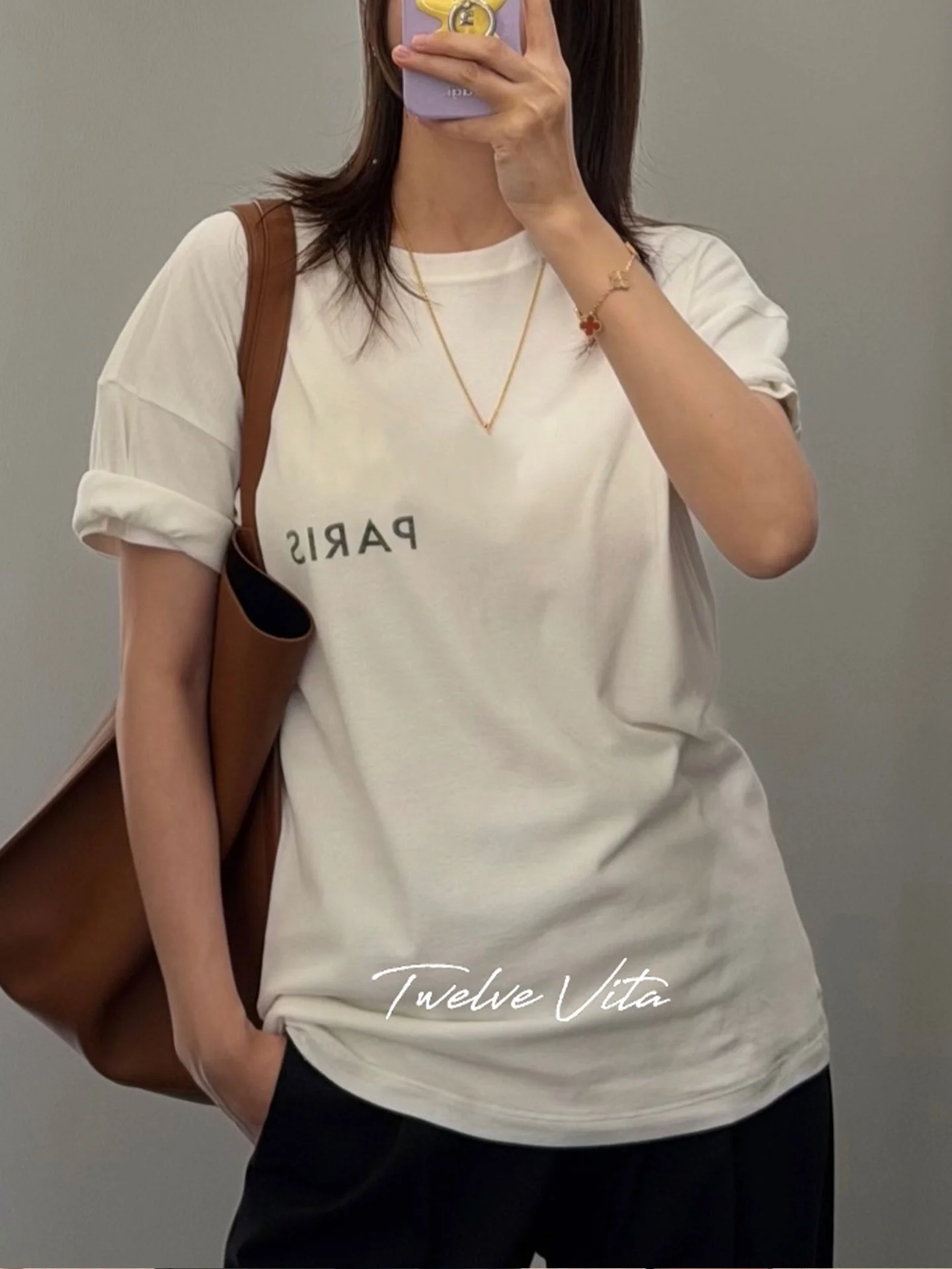 

Twelve Vita Double Layered Loose Fit Short Sleeve T-Shirt Women's Casual Style round Neck Printed Cotton Top Breathable