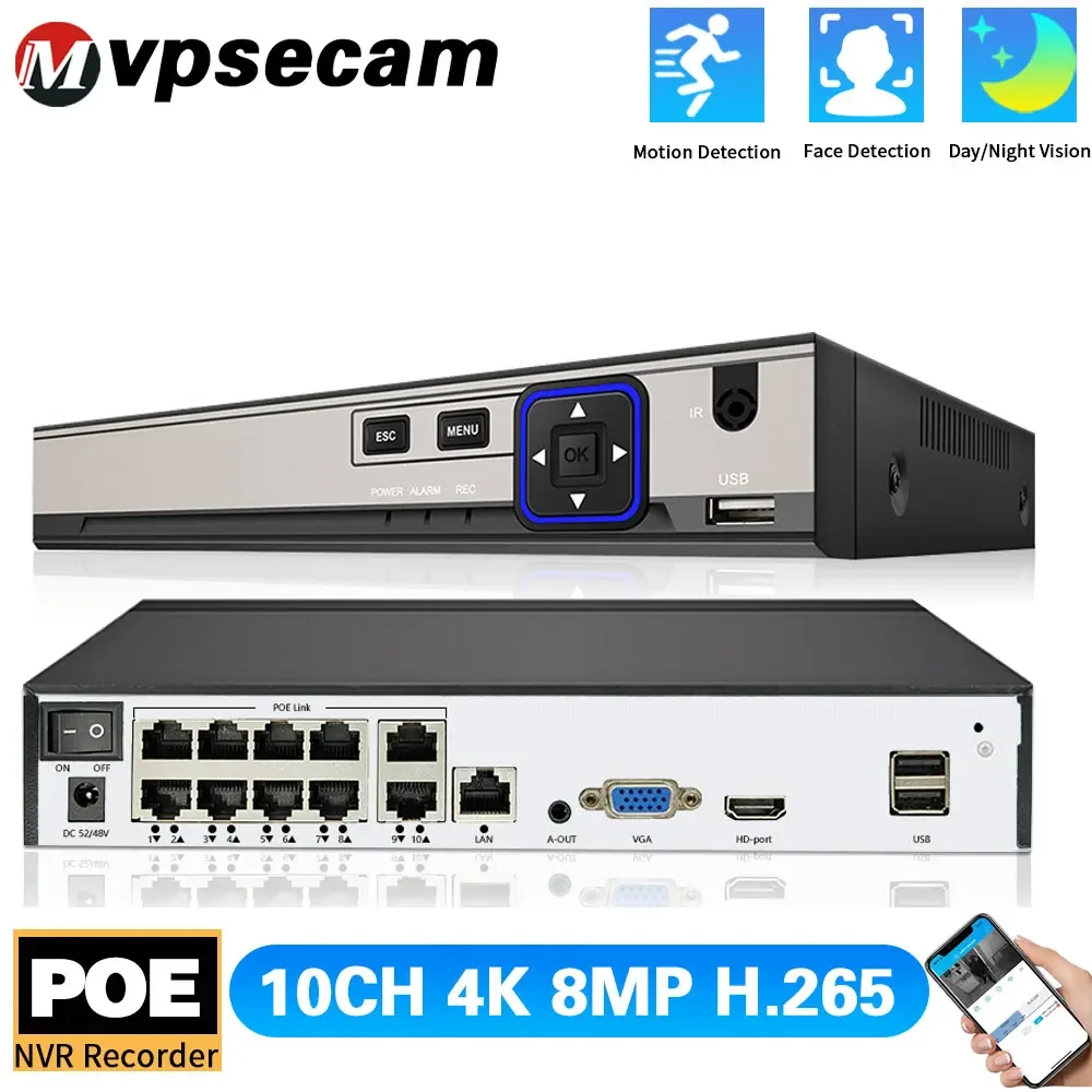 

8-канальный 10-канальный 4K POE NVR для IP-камеры видеонаблюдения, системы видеонаблюдения H.265 + 5MP, 8-мегапиксельный аудио-видеорегистратор, распознавание лиц XMEYE