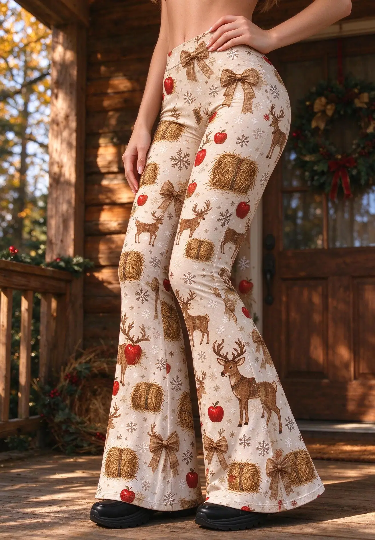 Women Mid-Rise Slim Flared Pants Christmas Vintage Deer Apple Bow Hay Bale Print Stretch Bell Bottoms Ladies Holiday Trousers