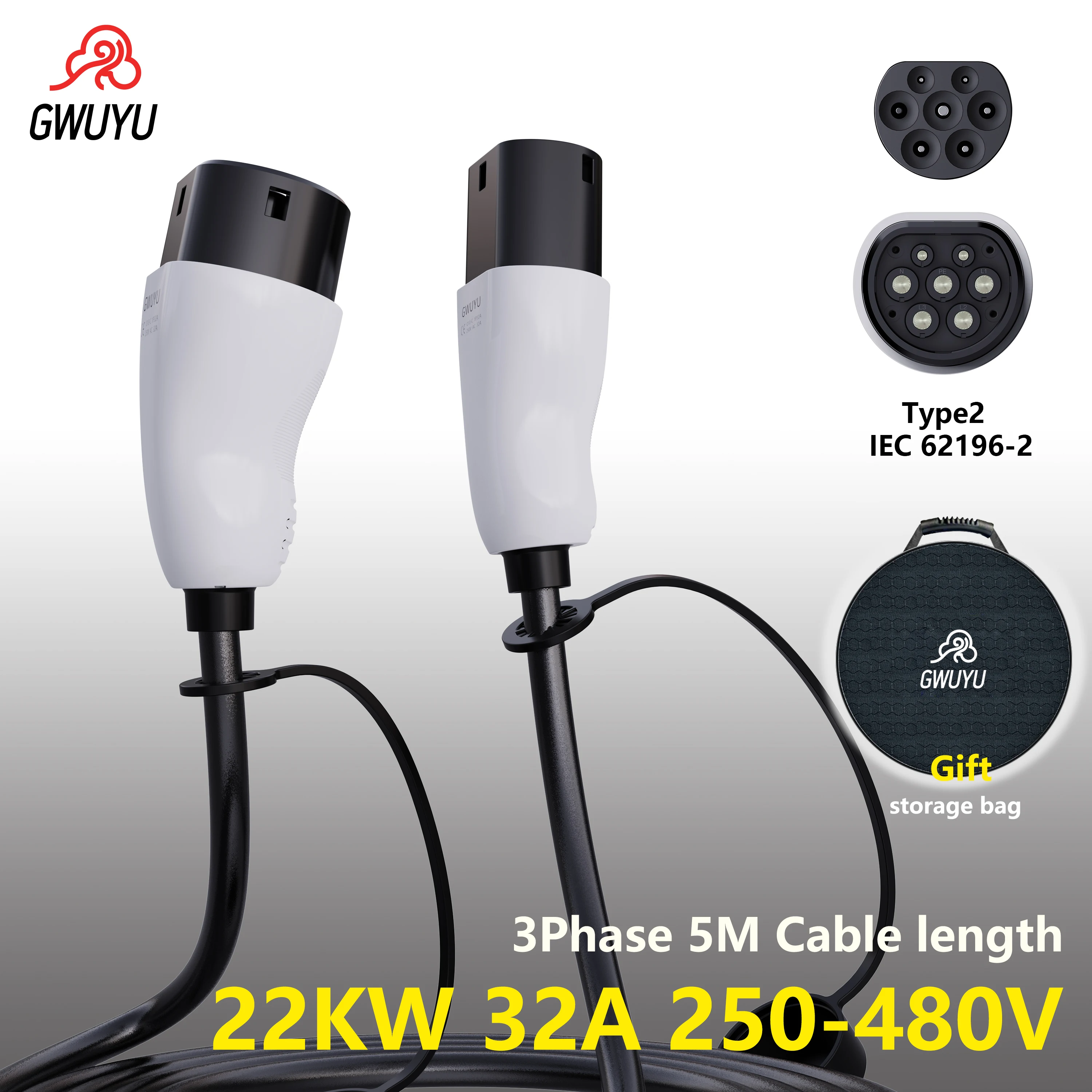 

GWUYU EV Charger Cable 3.5KW 7KW 11KW 22KW Double Plugs Type2 5m Electric Vehicle Cord EVSE Charging Station Female to Male Plug