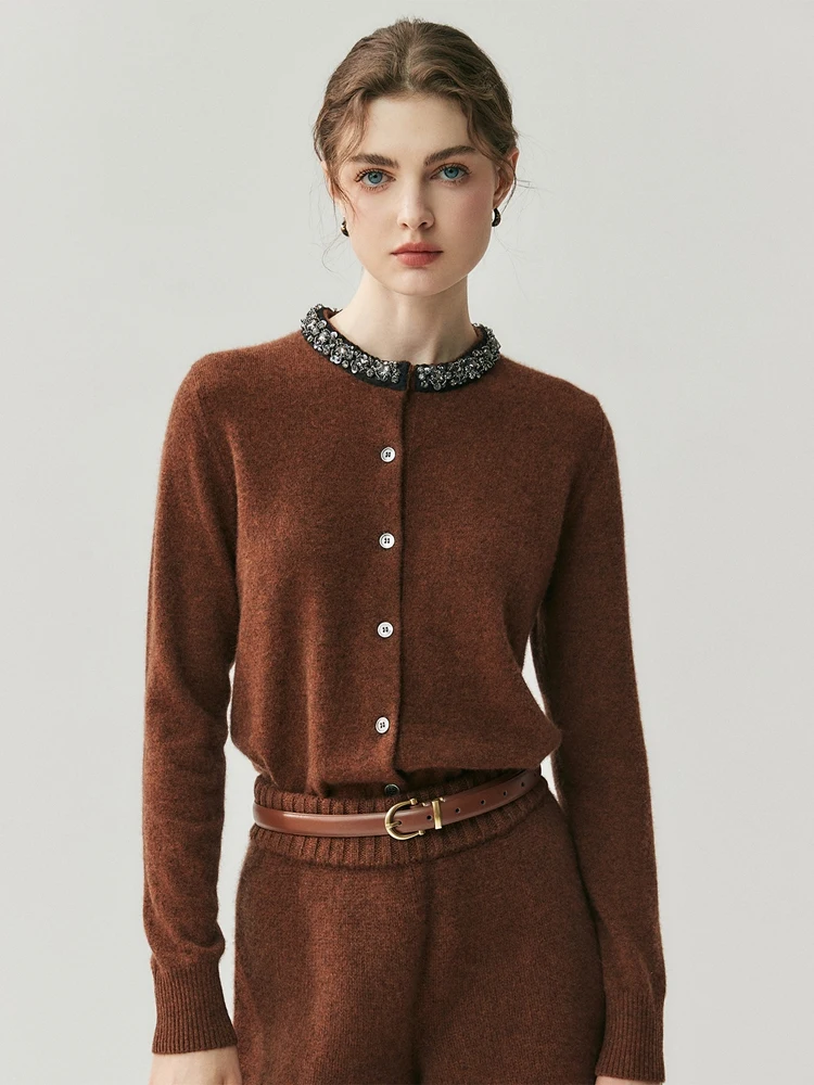 ADDONEE Women's 100% Cashmere Sweater Beading Collar O-neck Long Sleeve Cardigan Autumn Winter Office Lady Grace Cashmere Knit
