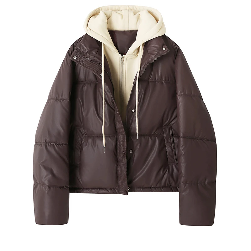 

Women's Winter Fake Two-piece Hooded Coat Solid Color Simple-style Cotton Jacket Stylish Versatile Long-sleeved Outerwear