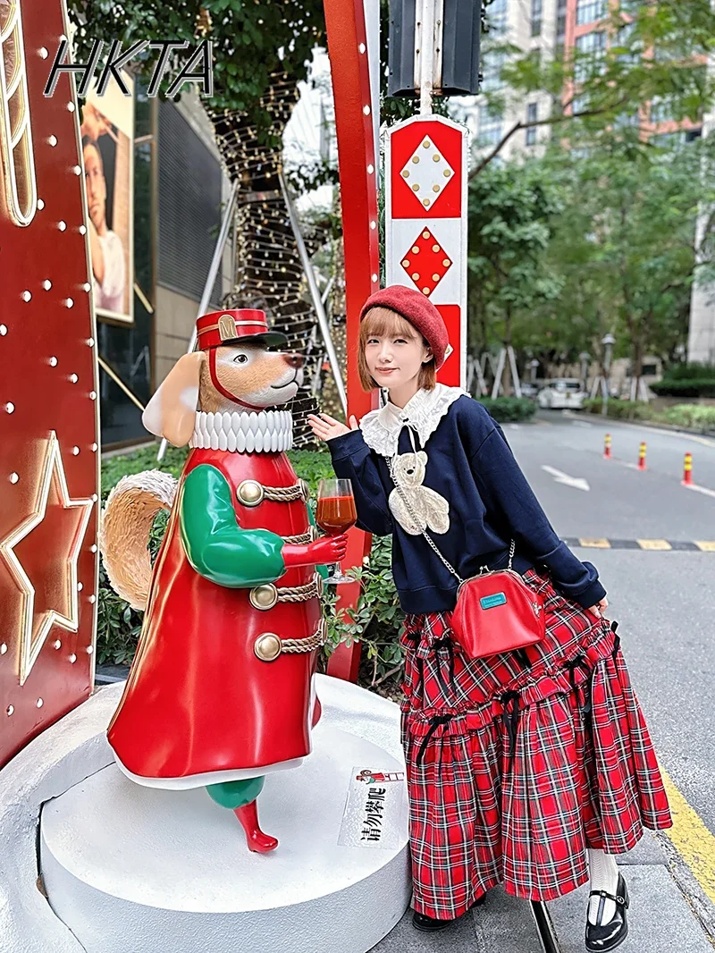 Japanese Sweet Multi-layer Ruffle Edge Bow Plaid Skirt Women Girls Niche Elastic High Waist Loose A-shaped Long Skirt Lolita