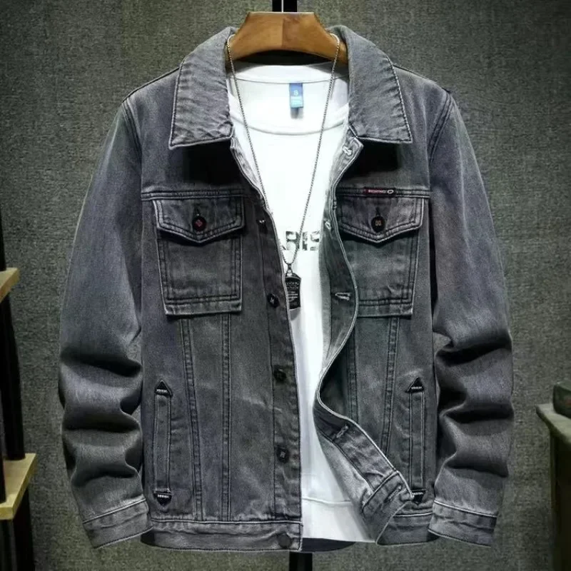 

Jeans Coat for Men Biker Gray Denim Jackets Man Wide Shoulders Motorcycle Menswear Branded Fashion Winter Outerwear Casual Y2k G