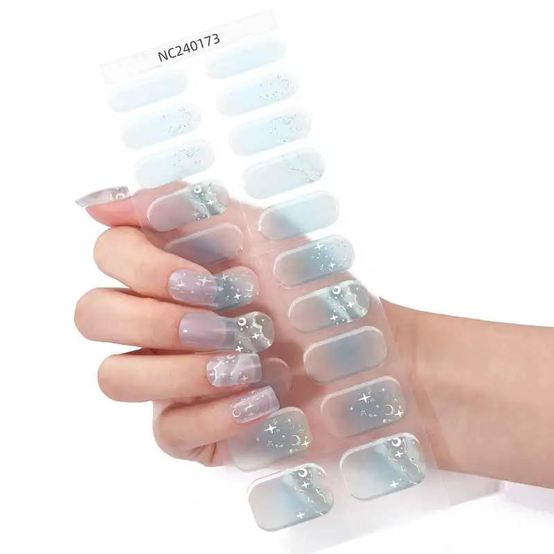 Vernis à ongles Gel Semi-durci scintillant, couverture complète, étoile brillante, à pois, autocollant, décor de manucure longue durée, 20 pointes