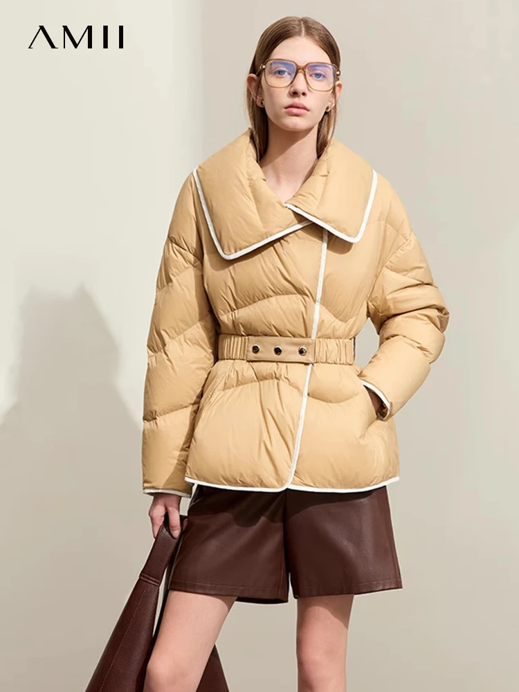 AMII Minimalistische neue Daunenmäntel für Damen, Winter 2022, locker, warm, groß, Umlegekragen, Knopfgürtel, Langarmjacken 12344026