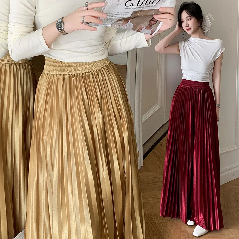 Saia longa plissada de cetim de seda brilhante moda feminina cor sólida cintura elástica a linha festa dança até o chão saia primavera verão
