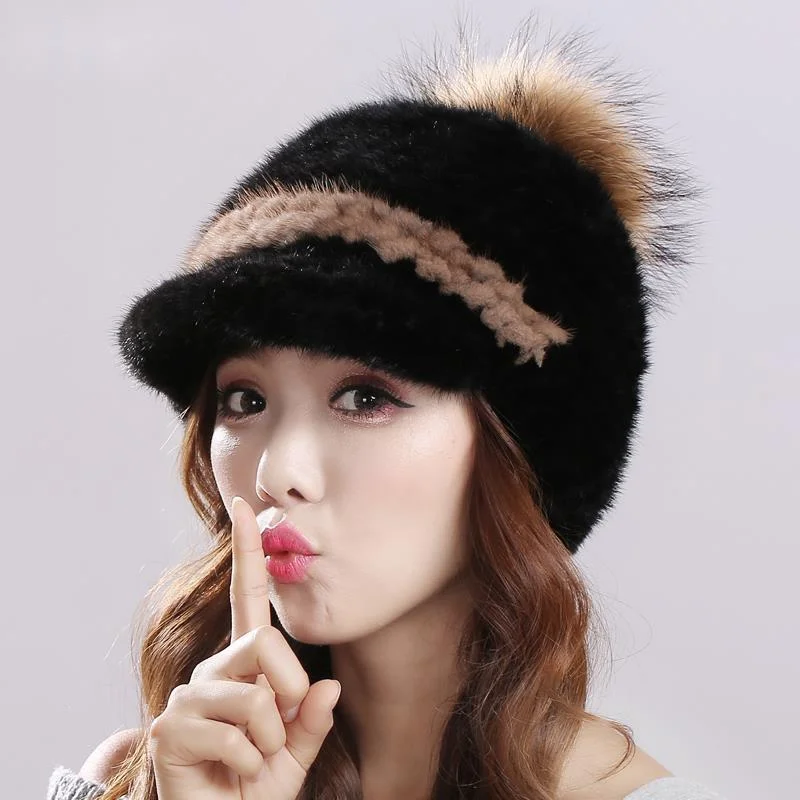 

Natural Mink Fur Hat For Women Winter Handmade Knitted Genuine Mink Fur Hats Thickened Warm Fashion Fur Hat With Fox Fur Ball