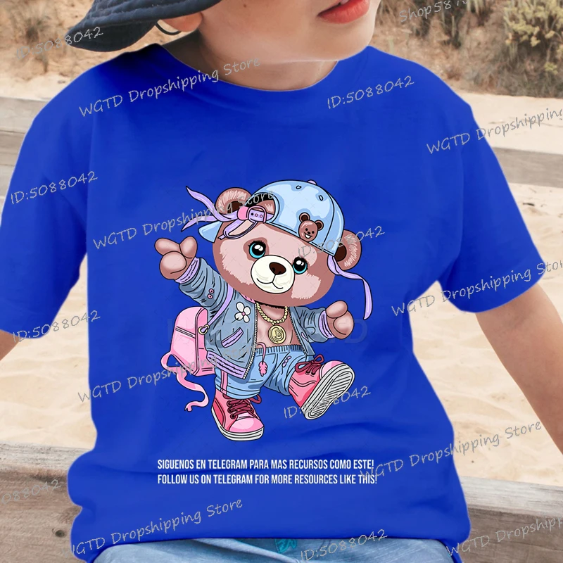 

Harajuku Rock And Roll Bear Print Kids T-Shirt Summer Children's Short-sleeved Casual Street Hip Hop Bear Tops Boys and Girls