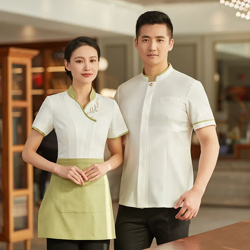Uniforme de trabajo de camarero para casa de té, ropa de trabajo de manga corta para mujer, Catering, Hotel, restaurante chino, olla caliente, restaurante, ropa de trabajo de verano