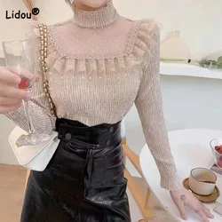 Fashion Sexy Gauze Spliced Long Sleeve Tops Spring Autumn Elegant All-match Solid Half High Collar T-shirt Women's Clothing