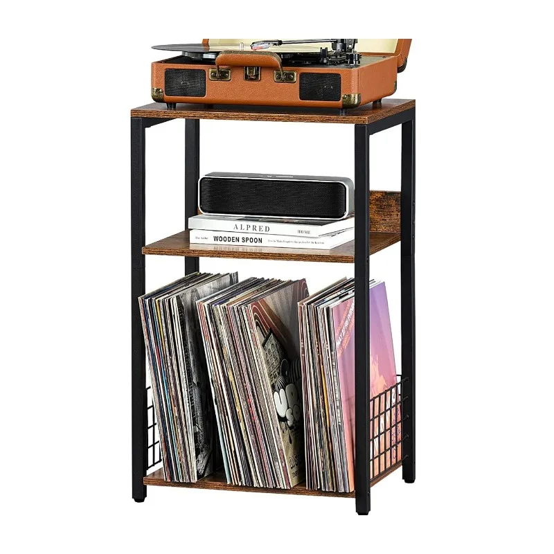 3-Tier Wooden Record Player Stand Album Storage Turntable Stand for Home Furniture End Table Use in Living Room Bedroom CD Racks