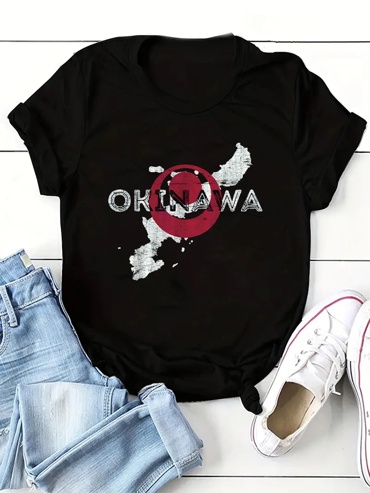 2024 neue japanische Okinawa Terrain Sonnen muster gedruckt T-Shirt Frauen Rundhals ausschnitt bequeme Top Sommer