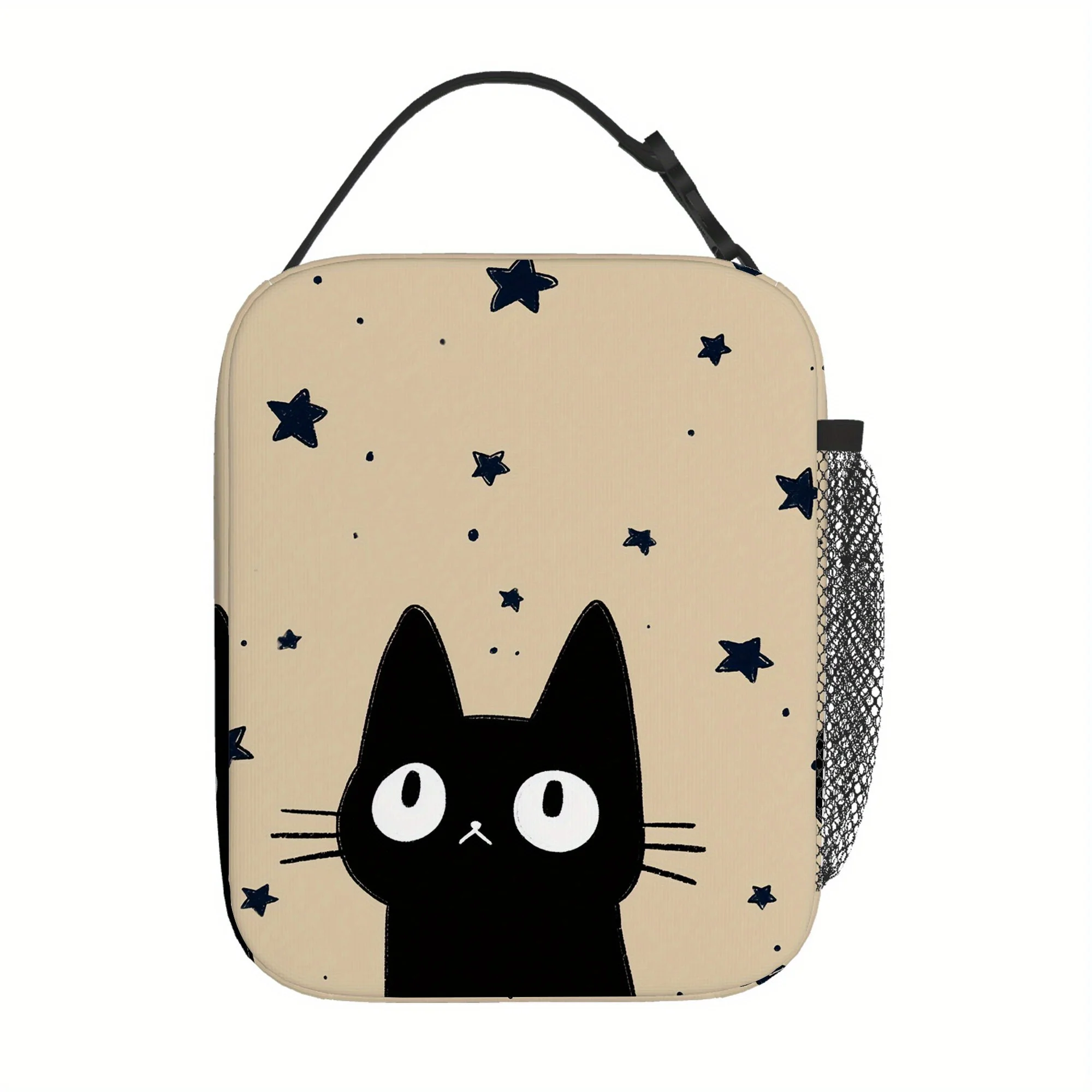 1pc, Black Cat Under Starry Sky Printed Thermal Bag, Insulated Bag, No Food Contact, Suitable for Home, Restaurant, Office, Unis