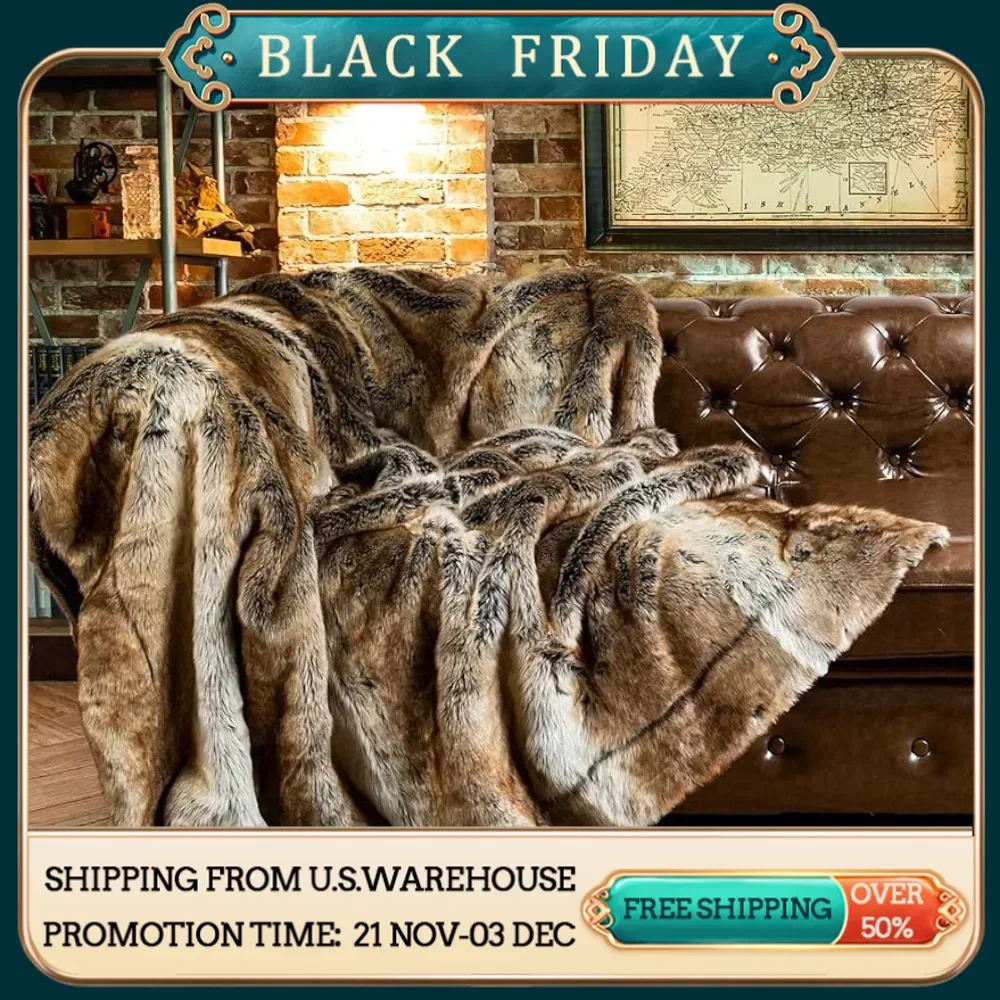 Luxury Brown Faux Fur Blanket Thick Warm Throw for Couch, Bed, Sofa Fluffy Blankets Decorative Reversible to Plush Velvet