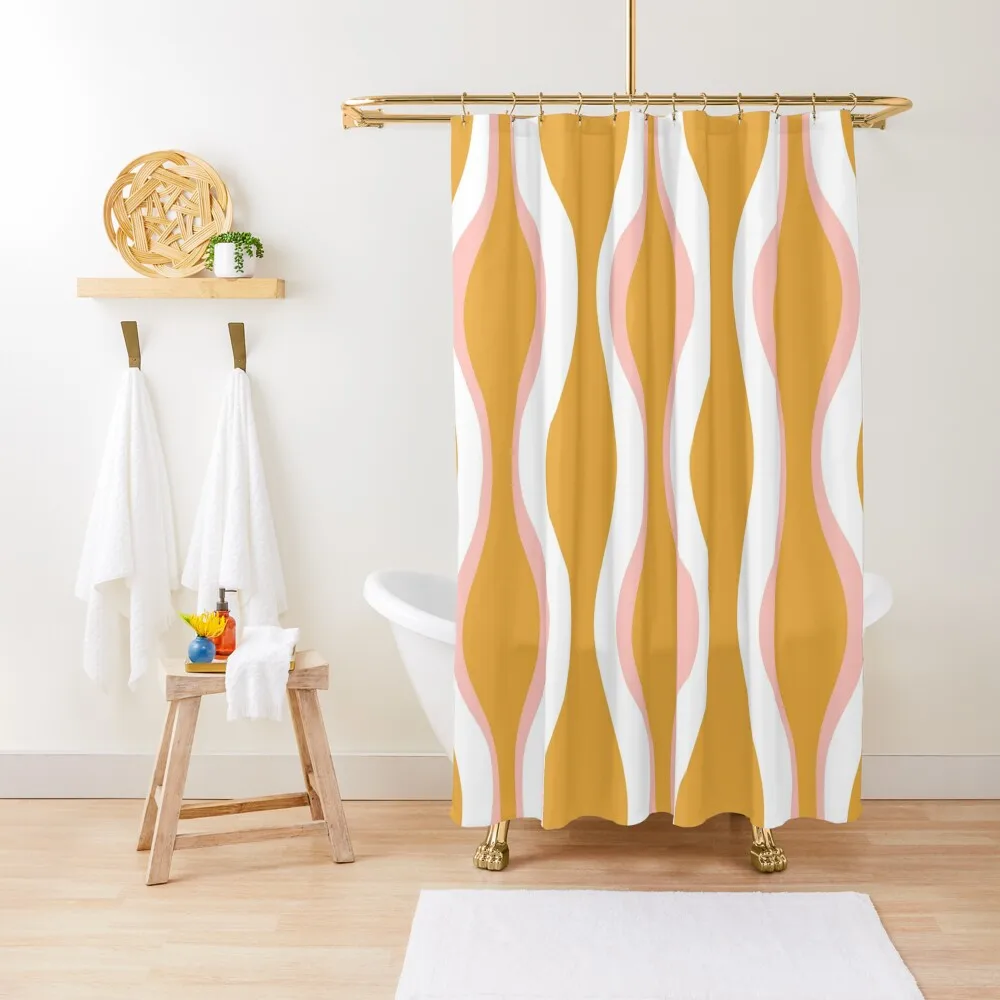 

Midcentury Modern Abstract Hourglass Pattern in Mustard Gold, Blush Pink, and White Shower Curtain