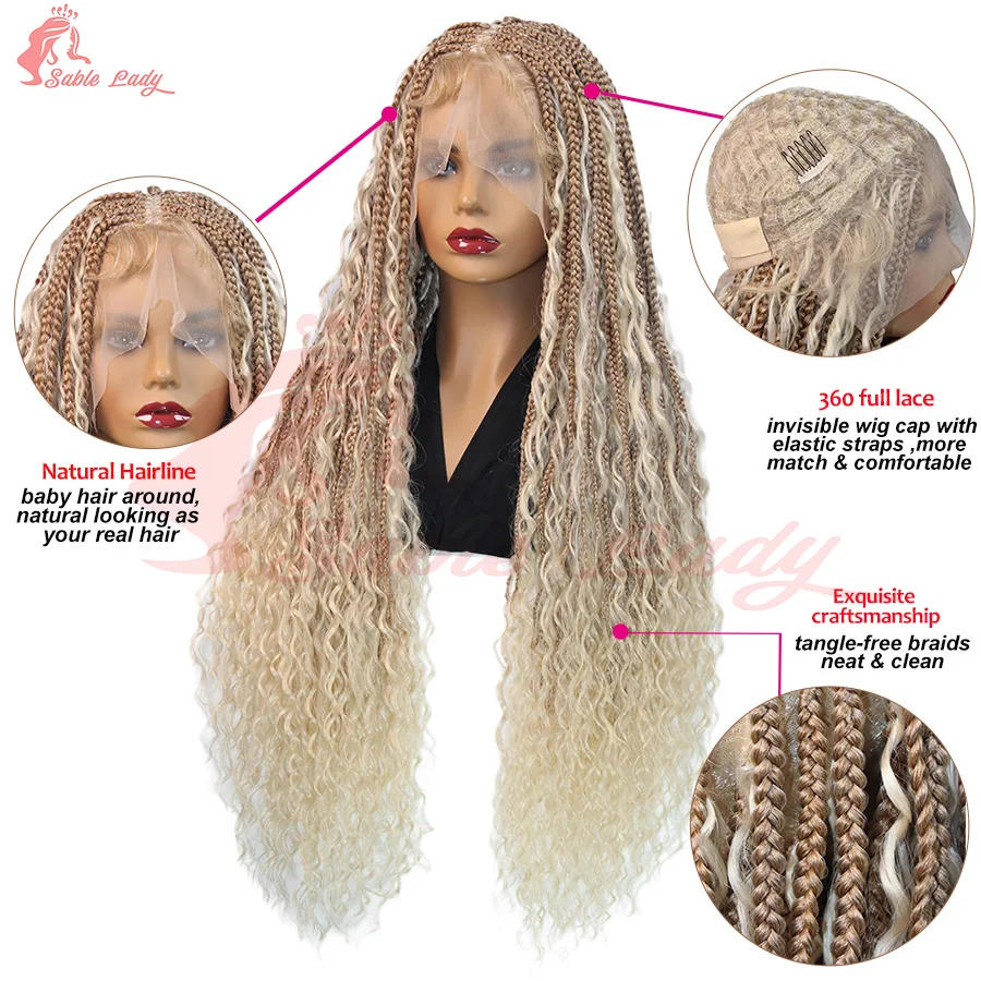 Synthetische knotenlose Box Boho geflochtene Perücken 613 #   27 #   Blonde Vollspitze-Zöpfe-Perücke mit Babyhaar für schwarze Frauen Cornrows Braids Perücke