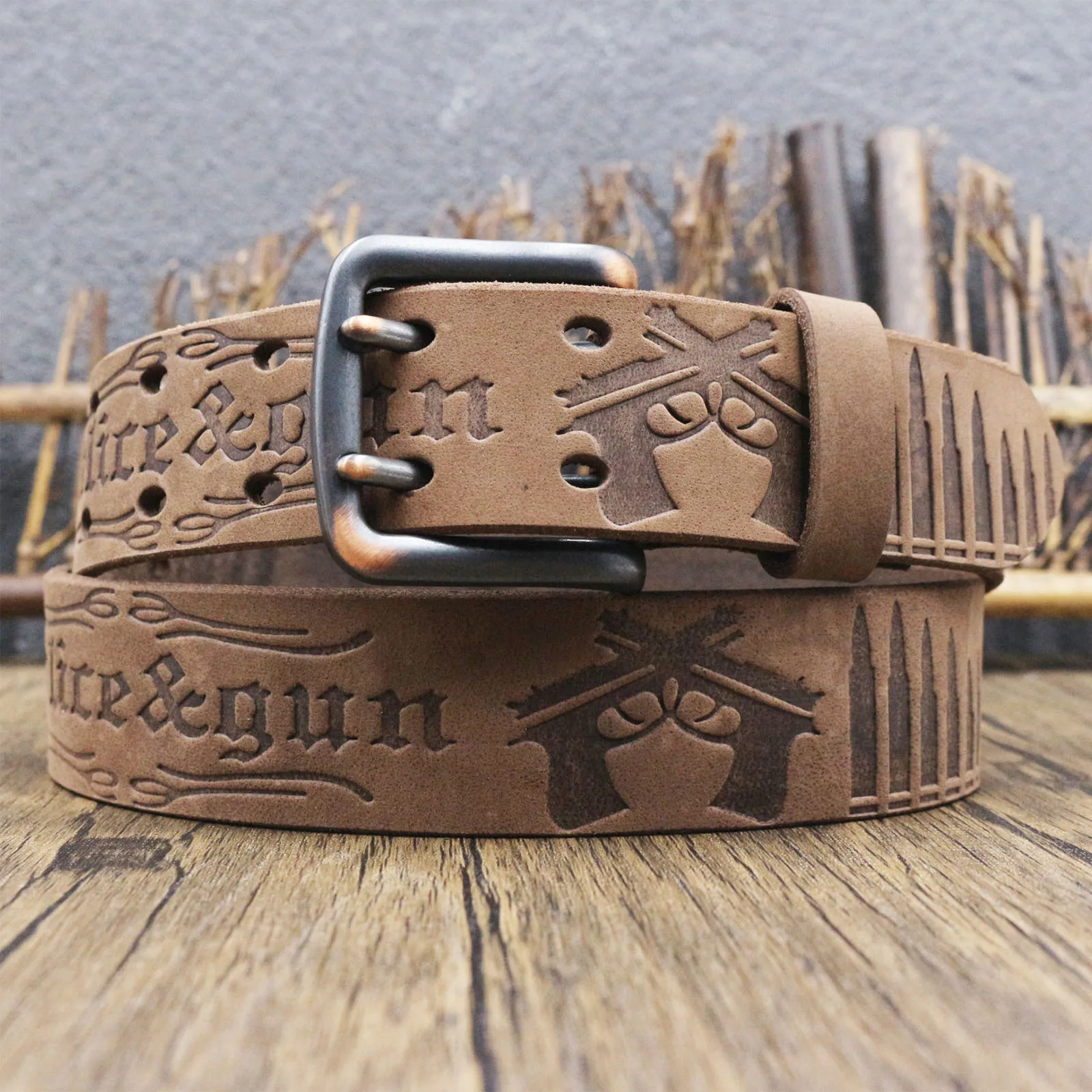 Men Top Grain Crazy Horse Cowhide Belt Western Embossed Carved Craft Antique Finished Surface Heavy‑Duty Pin Buckle Flexible