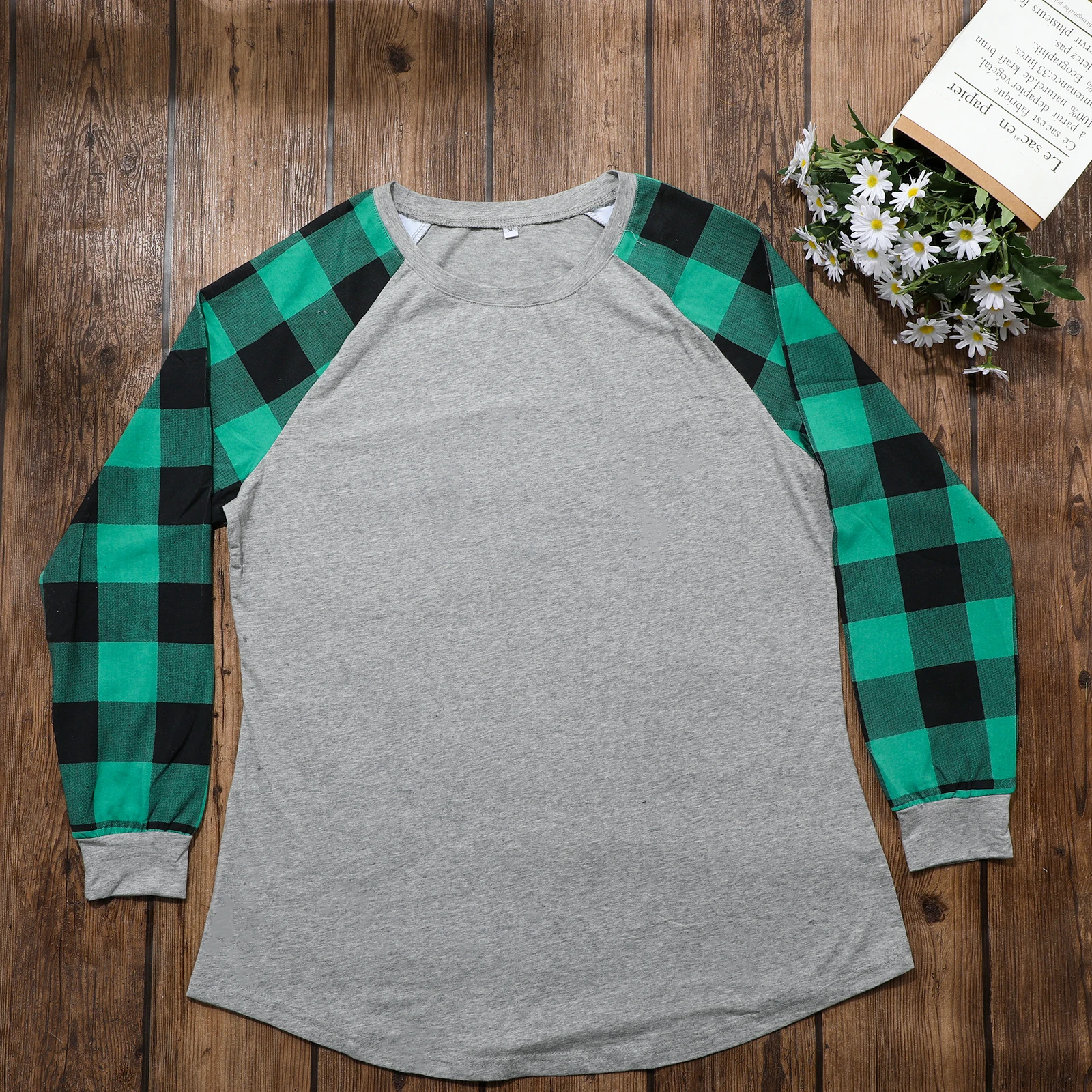 

Plaid T-shirt Women Crew Neck Long Sleeve Casual O-neck Tops Floral Tee Splicing Men Buffalo Shirt Blue Green Sweatshirt