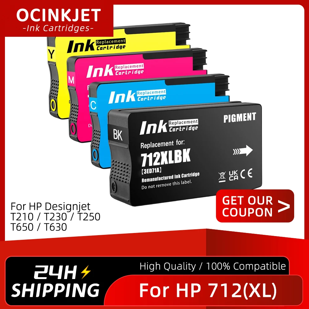 For HP 712 712XL Ink Cartridge With Full Ink HP712 For HP DesignJet T210 T230 T250 T650 T630 Printer 3ED71A 3ED67A 3ED68A 3ED69A