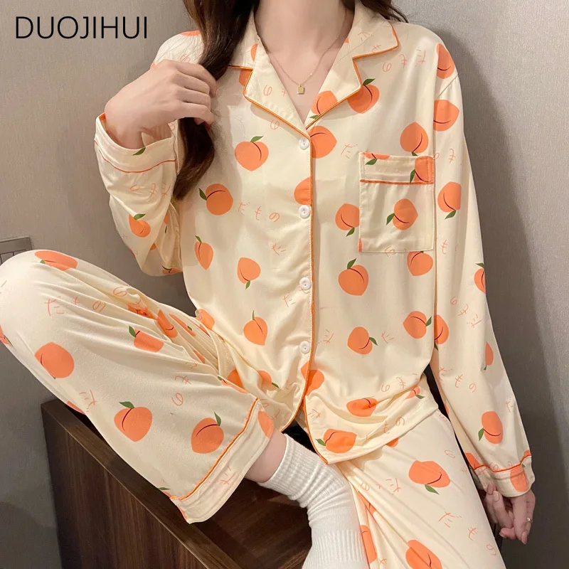 DUOJIHUI Sweet Chic Printing Two Piece Casual Female Pajamas Set Spring New Basic Cardigan Simple Pant Fashion Women Pajamas Set