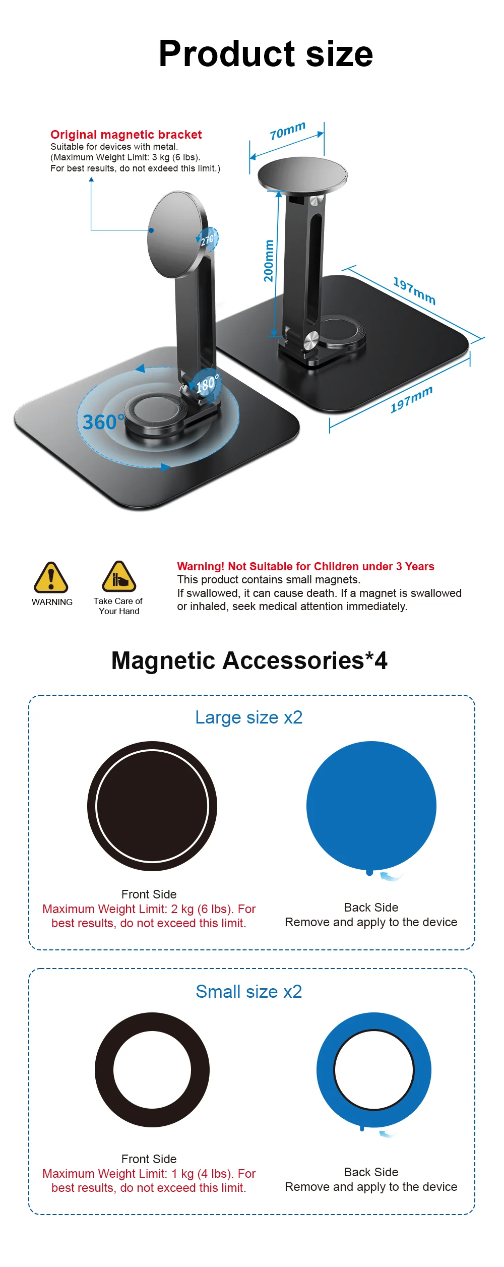 Unew Premium 360 ° Drehbarer magnetischer Ständer aus schwarzem Metall für tragbare Monitore, iPad, iPhone, Tablets von 7-21,5 Zoll, stabil, 3 kg belastbar. – Detail 1