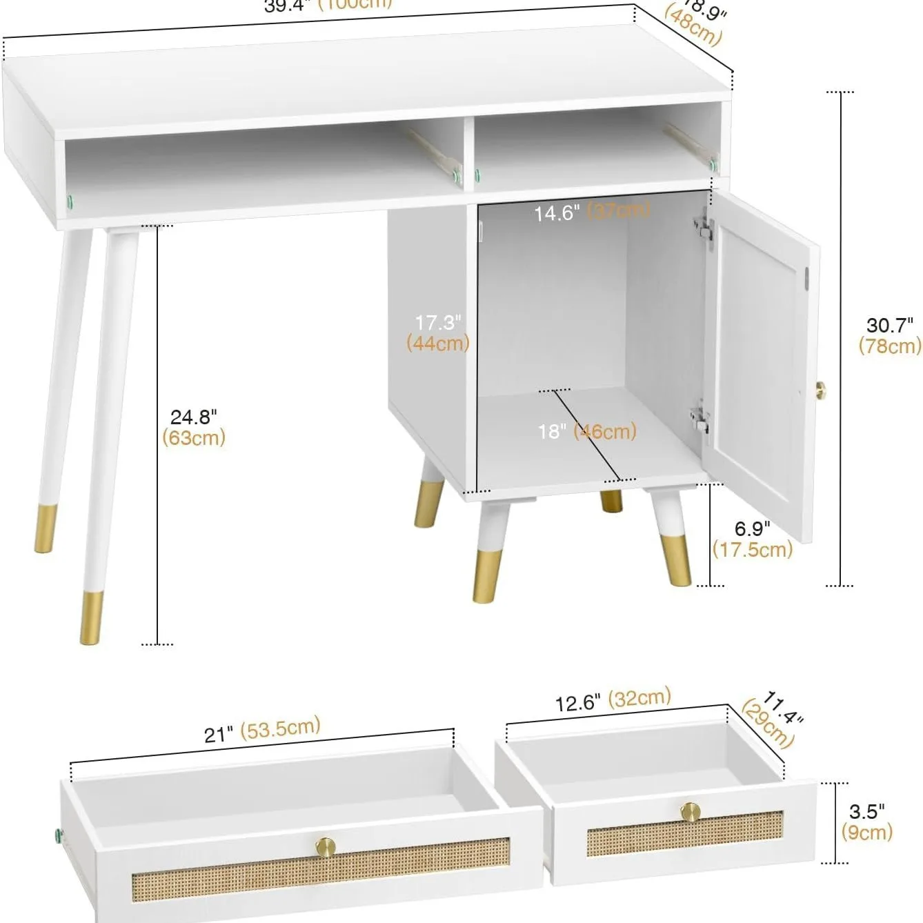 Rattan Dresser Drawer Storage Space White Makeup Dresser Desk Study Computer Desk