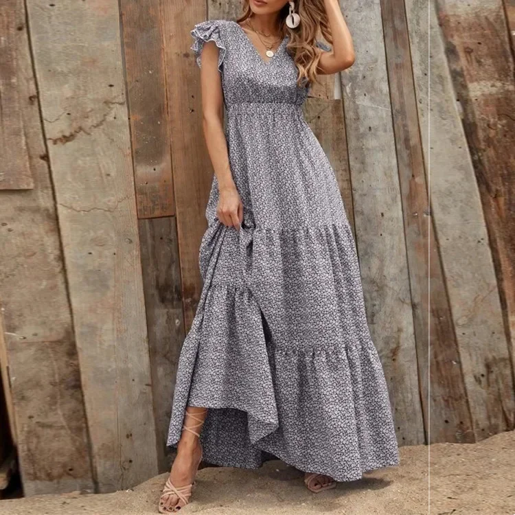 

Printed V-neck waistband long dress Bohemian short sleeved dress