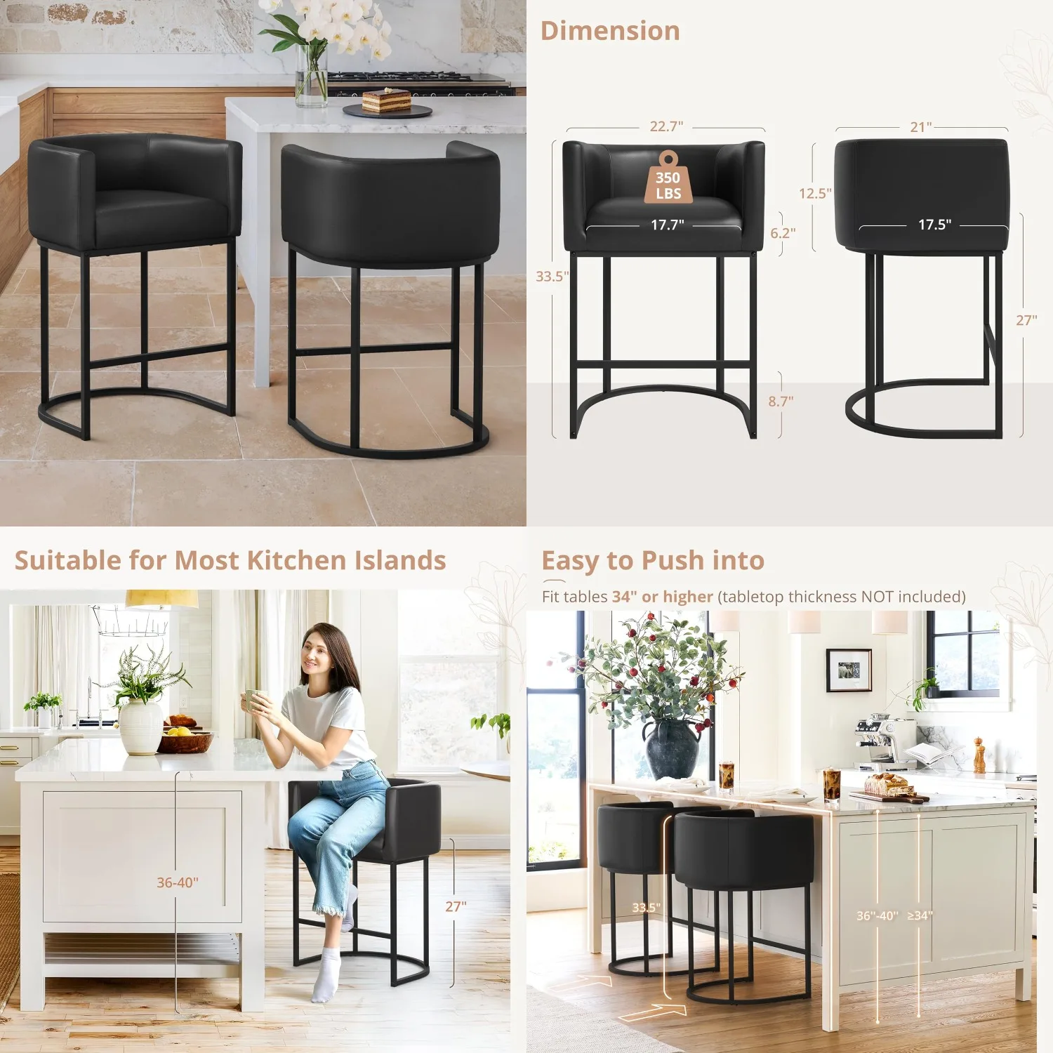 

27" Counter Height Bar Stools 2pc Modern Barrel Backrest Arms Black Metal Frame Faux Leather Kitchen Island, Customized