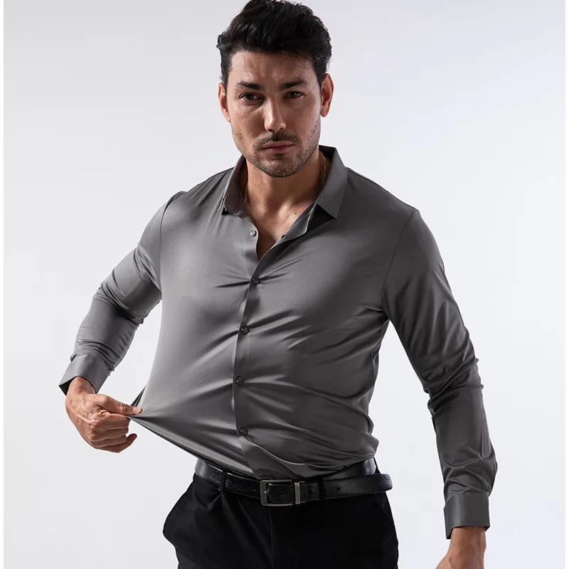 Men Shirt High Elastic Seamless Long Sleeve Muscle Sports Plus Size European Size No Ironing Business Workwear Casual