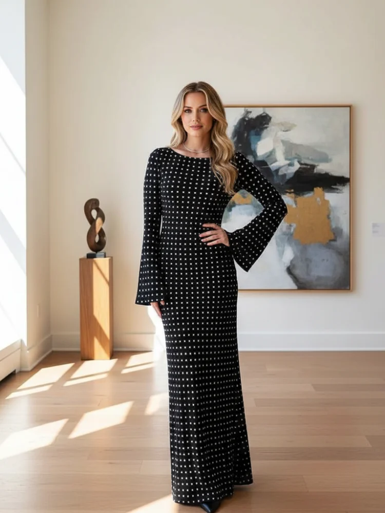 Missuoo 2025 automne élégant à pois robe Maxi col rond manches longues coupe ample robes de soirée robes de soirée noires