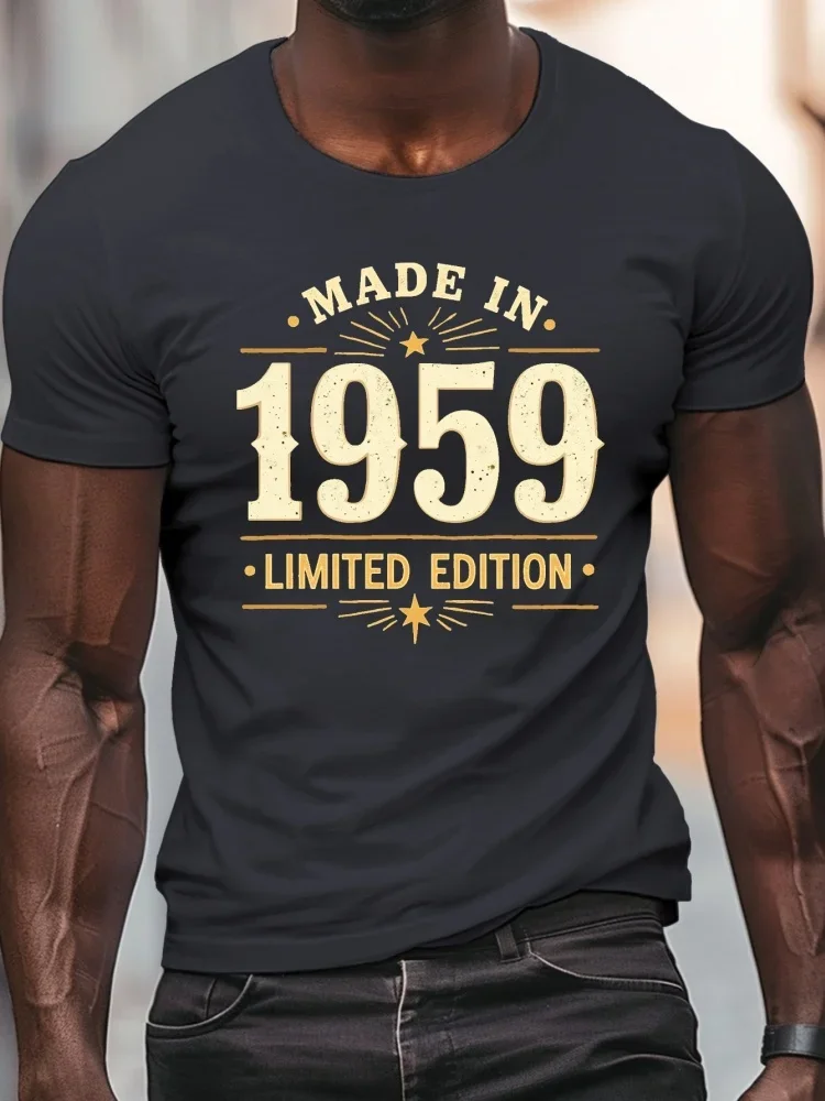 Fashion Men Vintage Made In 1959 Limited Edition Distressed Text T-Shirt Birthday Gift Retro Casual Short Sleeve Classic Tops