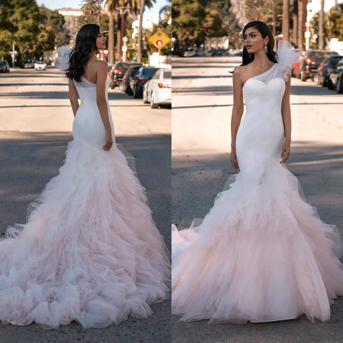 

Customized 2026 Gorgeous Mermaid White And Pink Chiffon Women's Wedding Dress One Shoulder Sexy Bridal Gown Vestidos De Novia