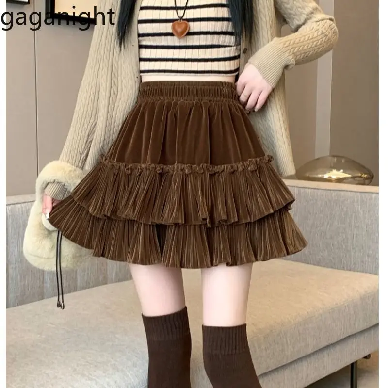 Gaganight Women Short Gold Velvet Half Skirt 2024 Autumn Winter New Style Versatile A line Pleated High Waist Retro Short Skirt