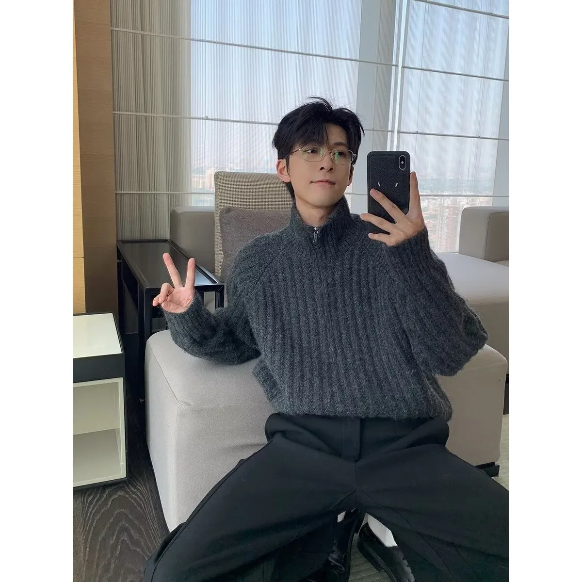 

Мужской цветной вязаный свитер в стиле ретро с высоким воротником на молнии, теплый базовый слой, модный брендовый топ, осень-зима, модная повседневная одежда