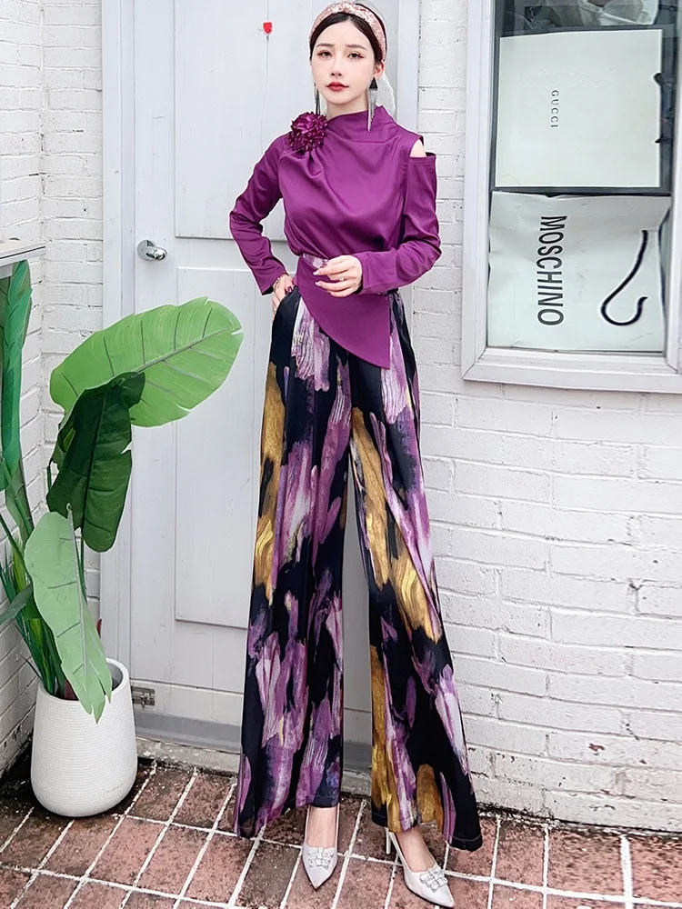 

High Waist Wide Leg Long Sve Slim Fit Top Bot Set Early Autumn Faion Ensemble Women's Sli Casual Wear