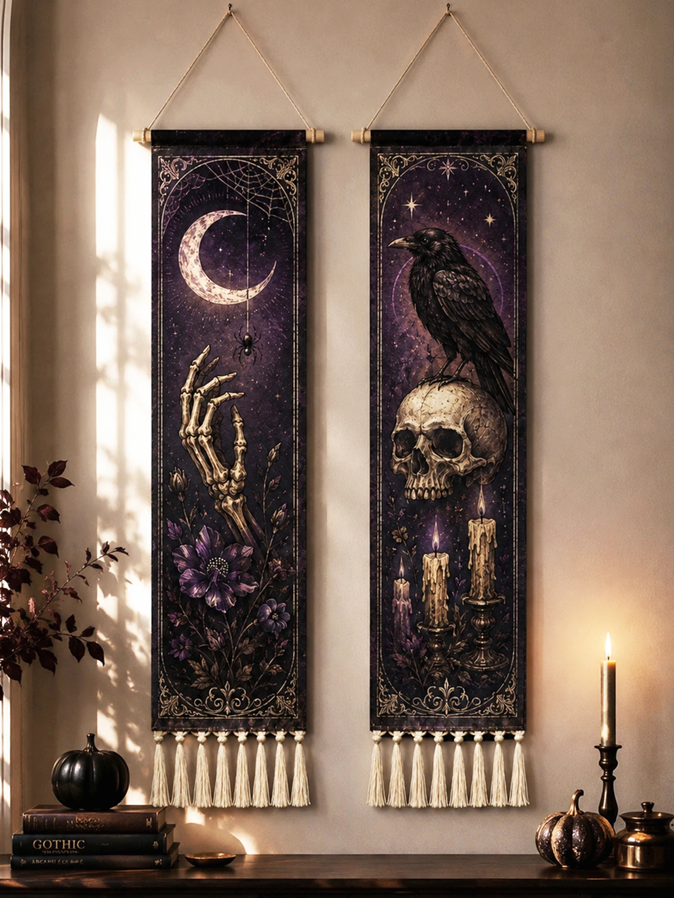 Halloween-Wandteppich mit Quasten, Gotische Hexe, Schwarze Katze, Krähe, Geisterhaus, Totenkopf-Druck, Vintage Grusel-Wandbehang Deko – Detail 34