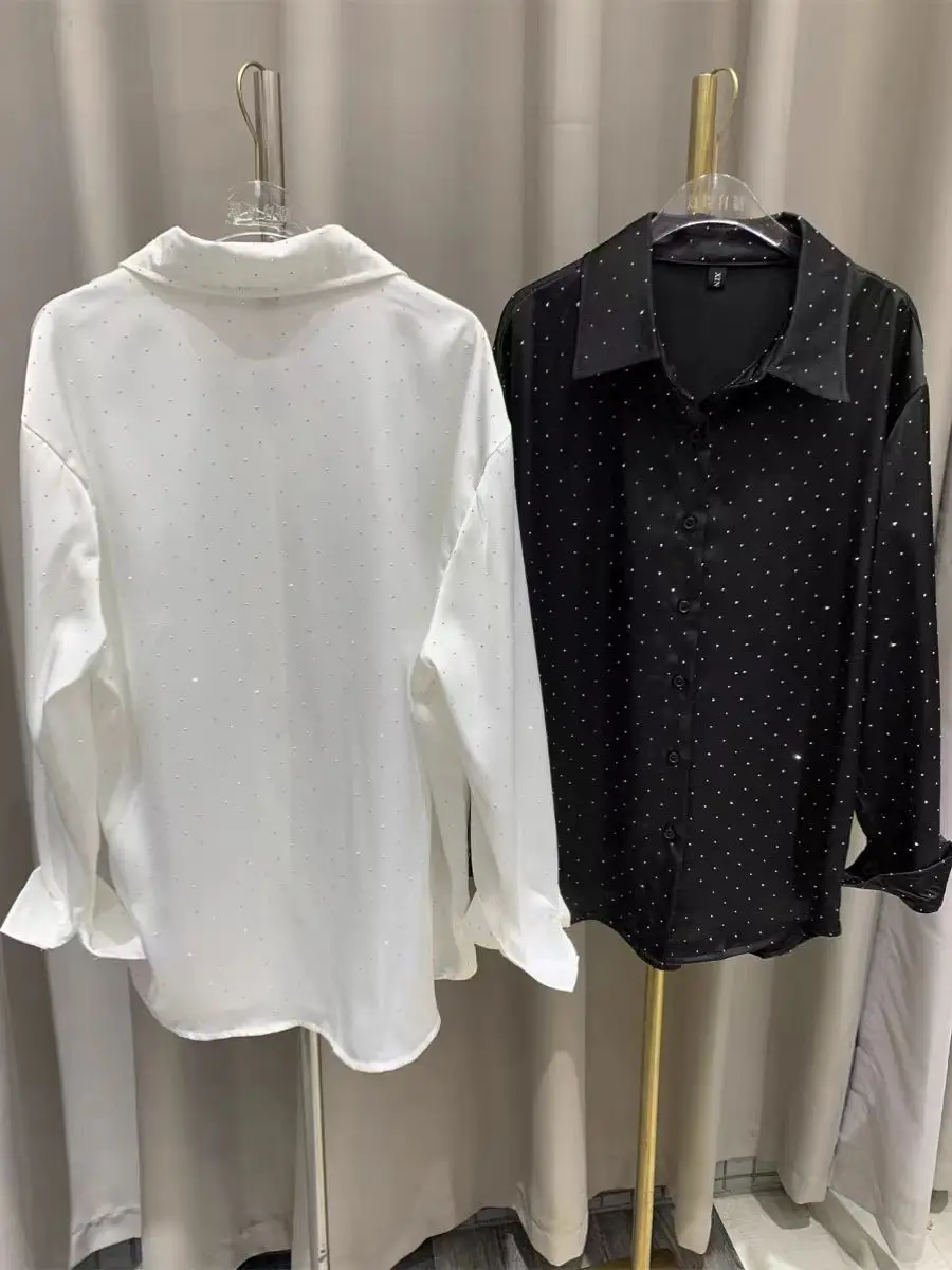 New In 2024 Autumn Hot Drilling Shirts For Women Long Sleeve Black White Single Breasted Blouse Y2K Tops Blusas Woman Clothing