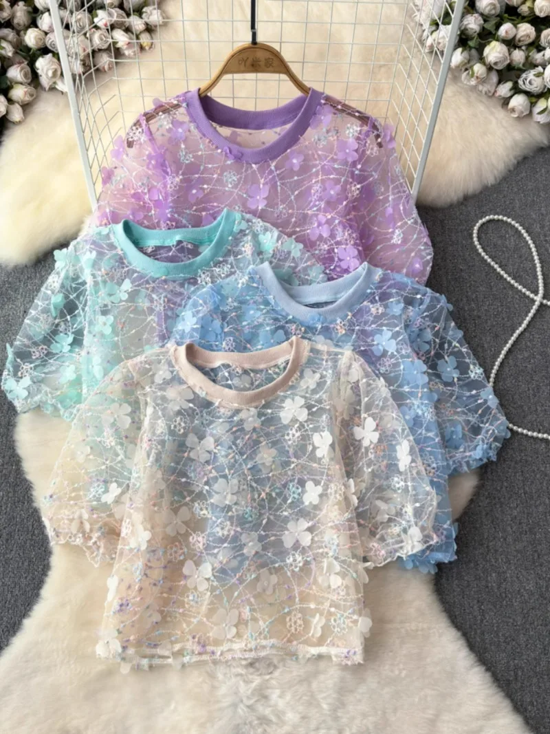 

Блузка женская с круглым вырезом, винтажная шикарная рубашка с пышными рукавами в Корейском стиле, слегка прозрачная, милая одежда с цветочным принтом в стиле стерео, на лето