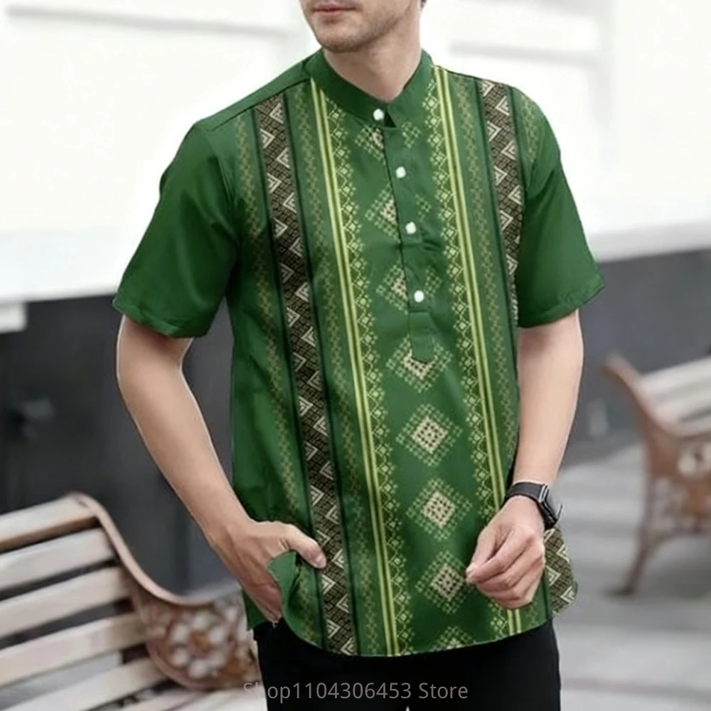 Men's simple retro stand-up collar short-sleeved shirt natural curly grass pattern 3D printing casual fashion T-shirt vacation