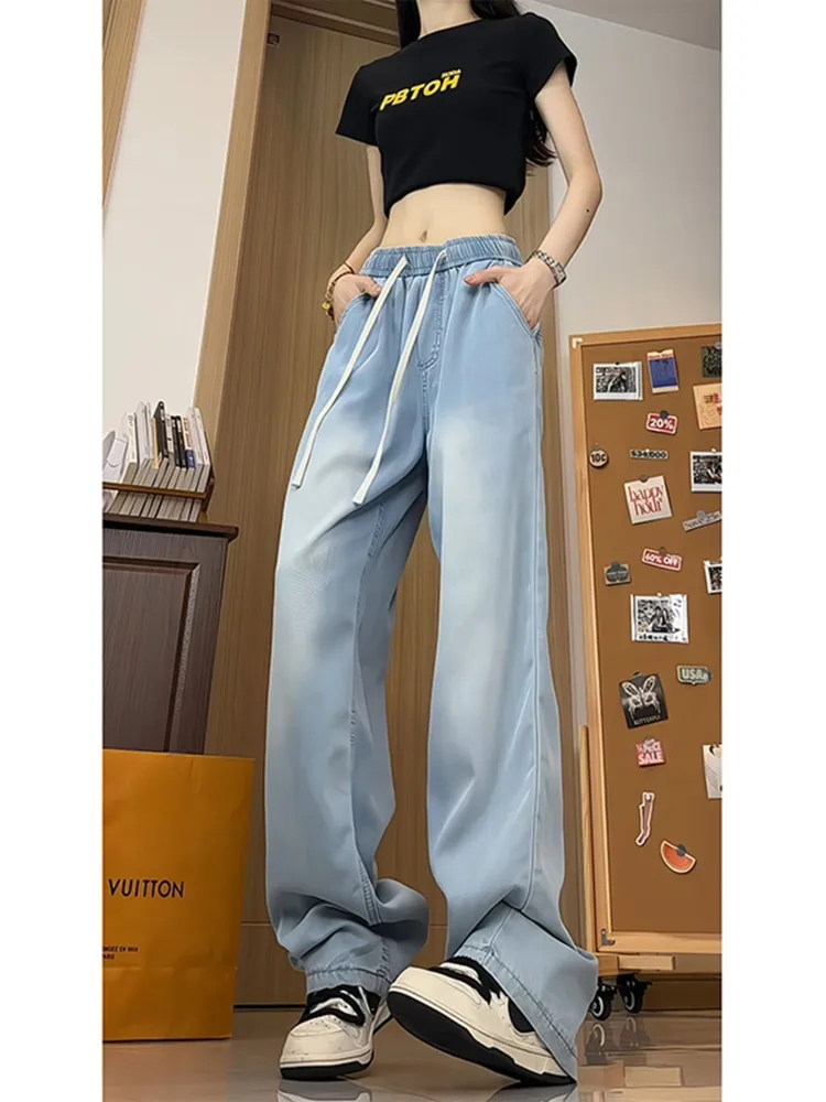 

Джинсы из ледяного шелка для мужчин и женщин: летние, тонкие, охлаждающие, свободные, прямые, широкие, с эффектом драпировки, на эластичной резинке