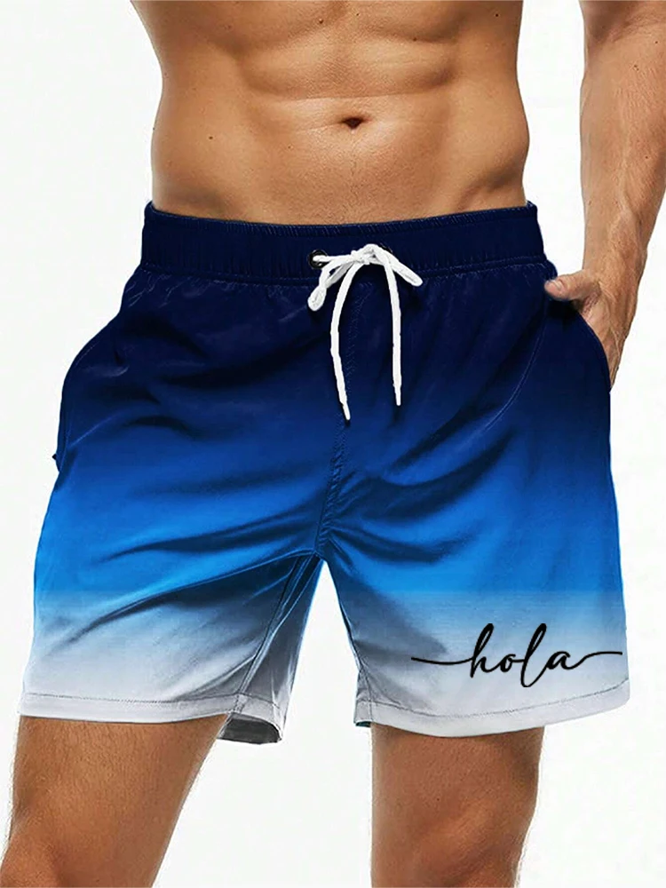 Fashion Letter Design Men's Print Shorts Summer Casual Swim Trunks Elastic Waist Board Shorts Funny 3D Gradient Breathable Short