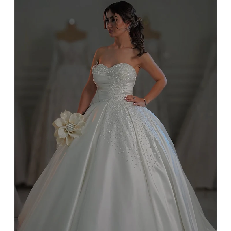 

Robe MariéE Satin Wedding Dress Pearls With Satin Princess Ballgown Strapless Sleeveless Bride Dress Customized Vestido De Novia