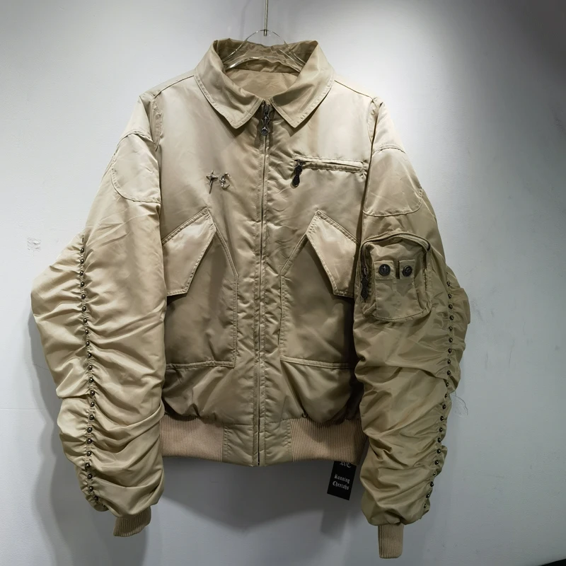 

High Street Trend THUG CLUB Flight Jacket Rivet Design Pattern Casual Lapel Coat Fashion Brand Thug Club Cotton-padded Jackets