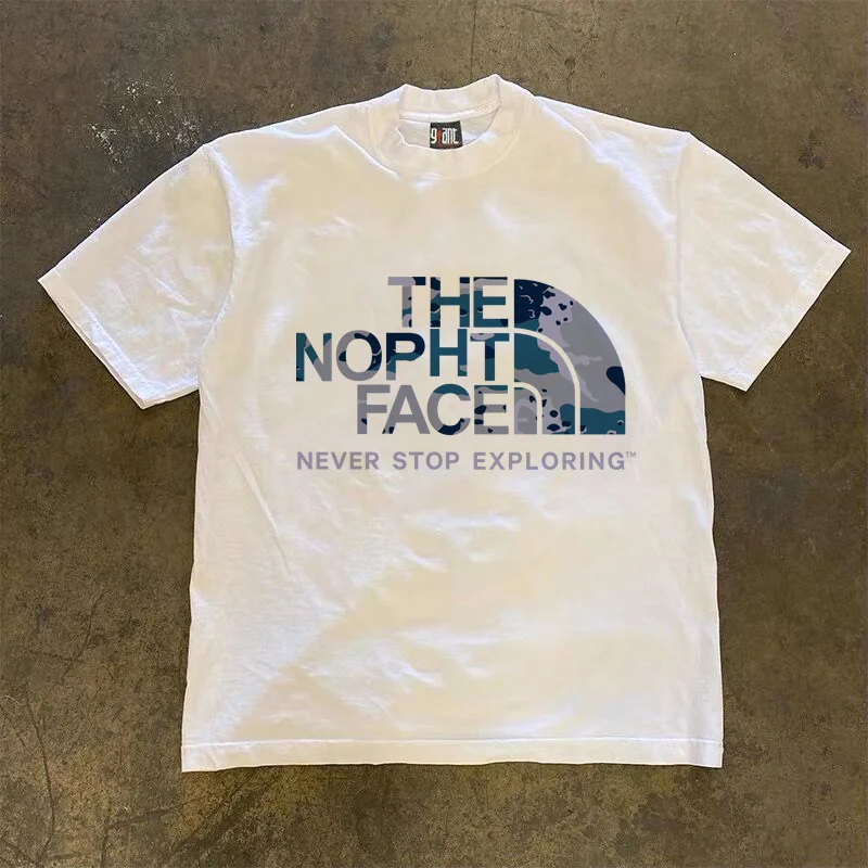 

2025 New Men's and Women's T-shirt Camouflage Blue Print Casual American Round Neck Cotton Half Sleeve Summer White Short Sleeve