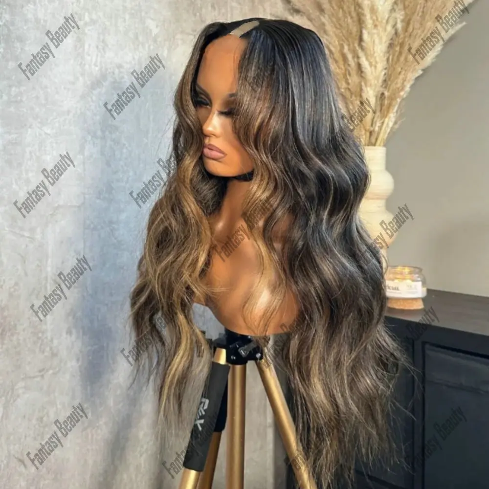 Body Wave Highlight Brown Honey Blonde 100% Peruvian  Human Hair Glueless 1x4 Size U/V Part Wig Human Hair for Women Easy Wear